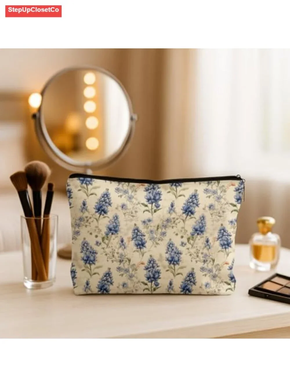 Vintage Texas Bluebonnet Floral Makeup Bag, Waterproof Linen Cosmetic Pouch,